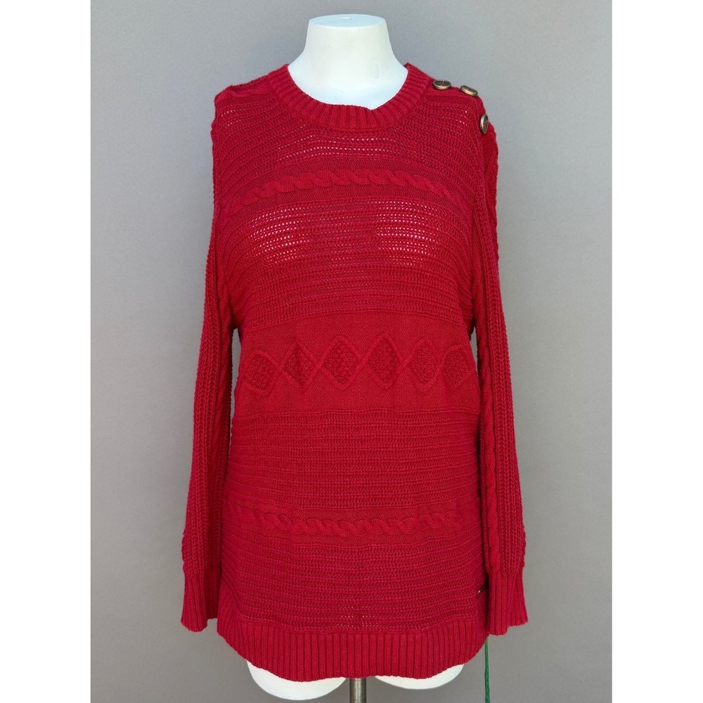 Bass Red Cable Knit Sweater XL Womens Button Shoulder Tunic Cotton Blend Knit
